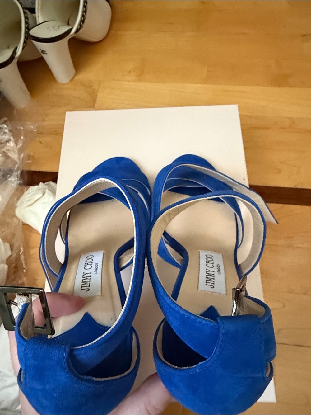 JIMMY CHOO BLUE SUEDE SIZE 36.5 STRAPPY SANDALS MADE IN ITALY - Picture 9 of 10